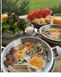 Breakfast spread served at LandCamp