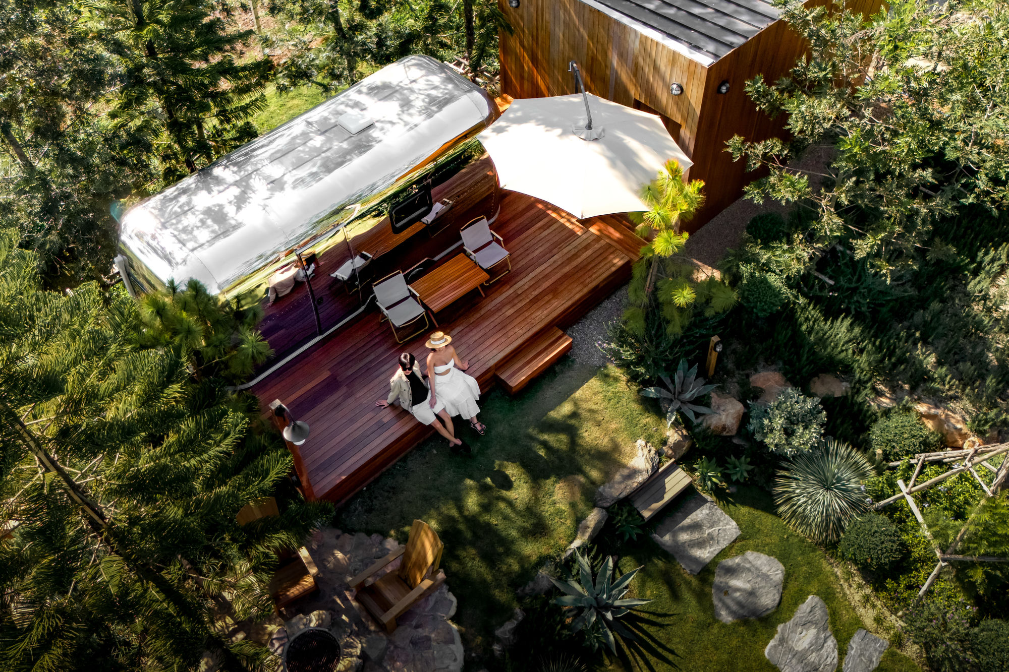 Aerial view of Camper Van deck and stone garden