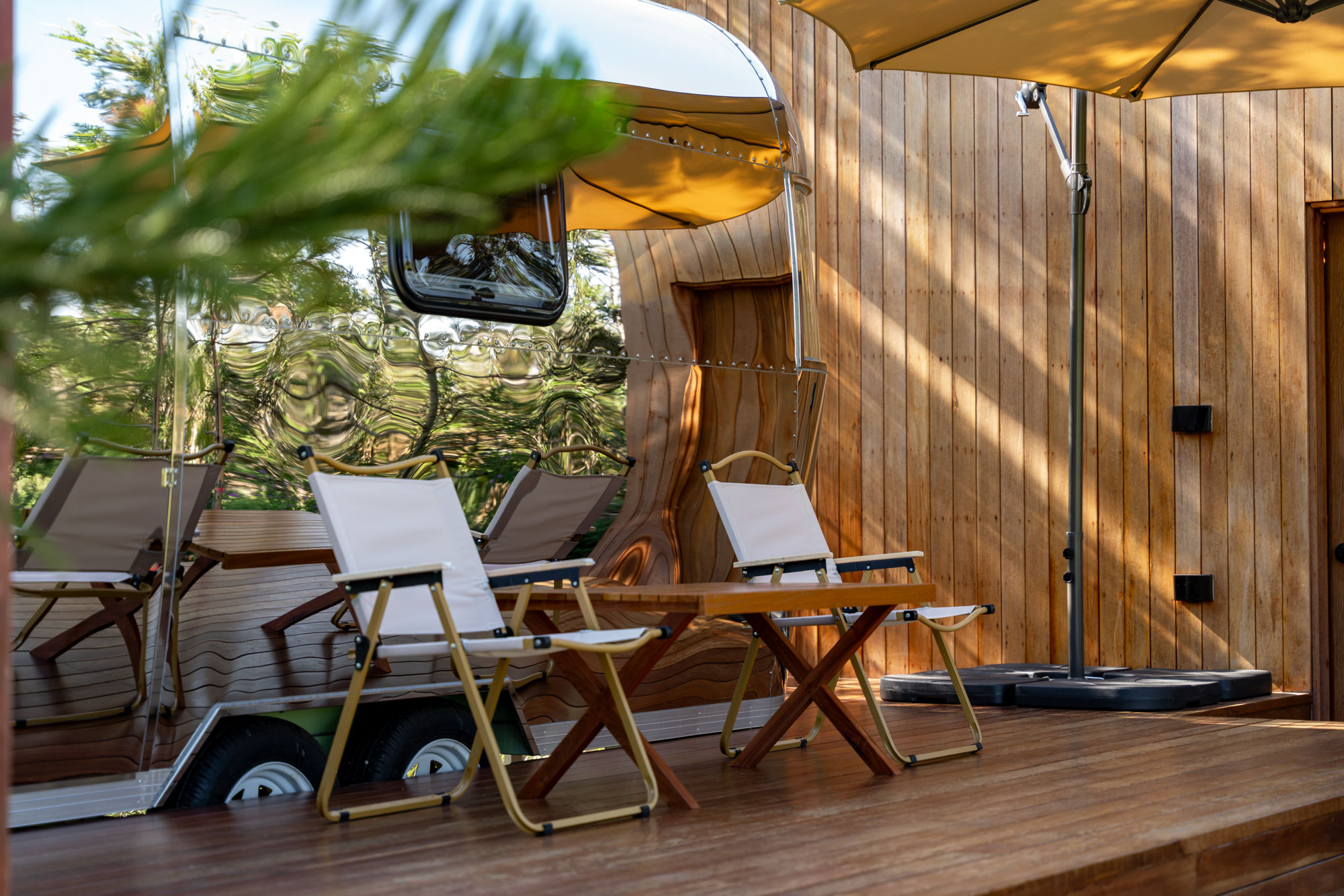 Camper Train deck with lounge chairs
