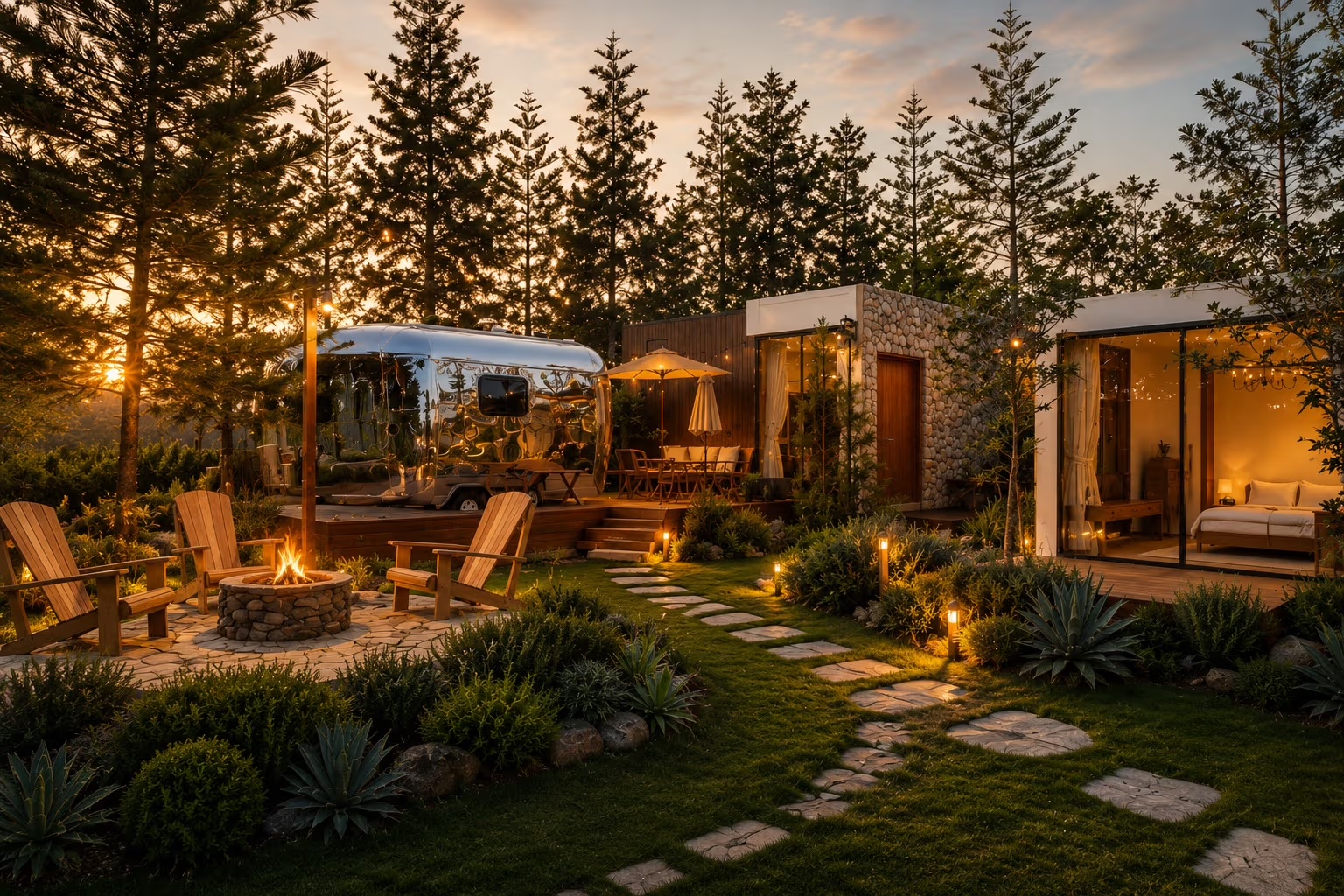 LandCamp Villa Khao Yai — Camper Van, stone villa and glass cabin at golden hour