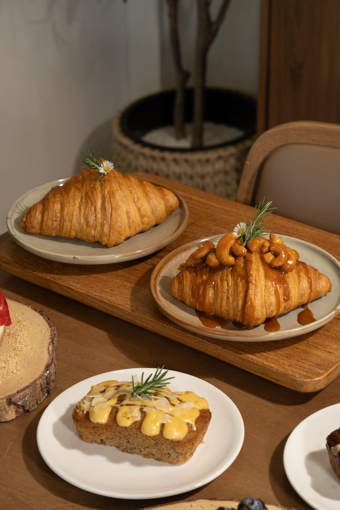 Plain and caramel cashew croissants with banana cake