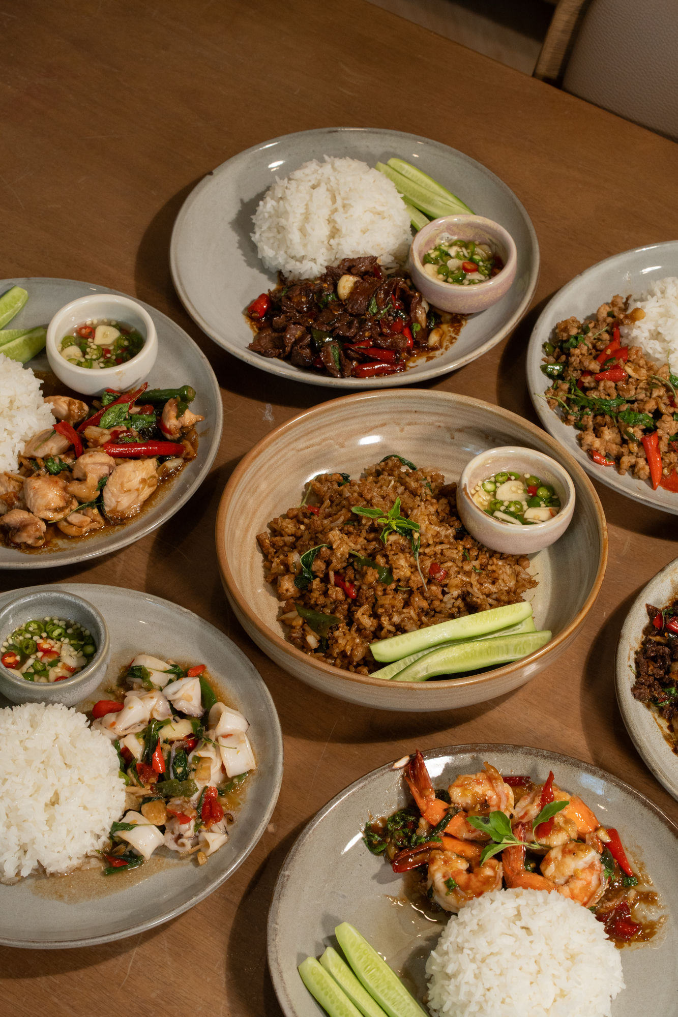 Basil rice, basil shrimp, basil squid spread