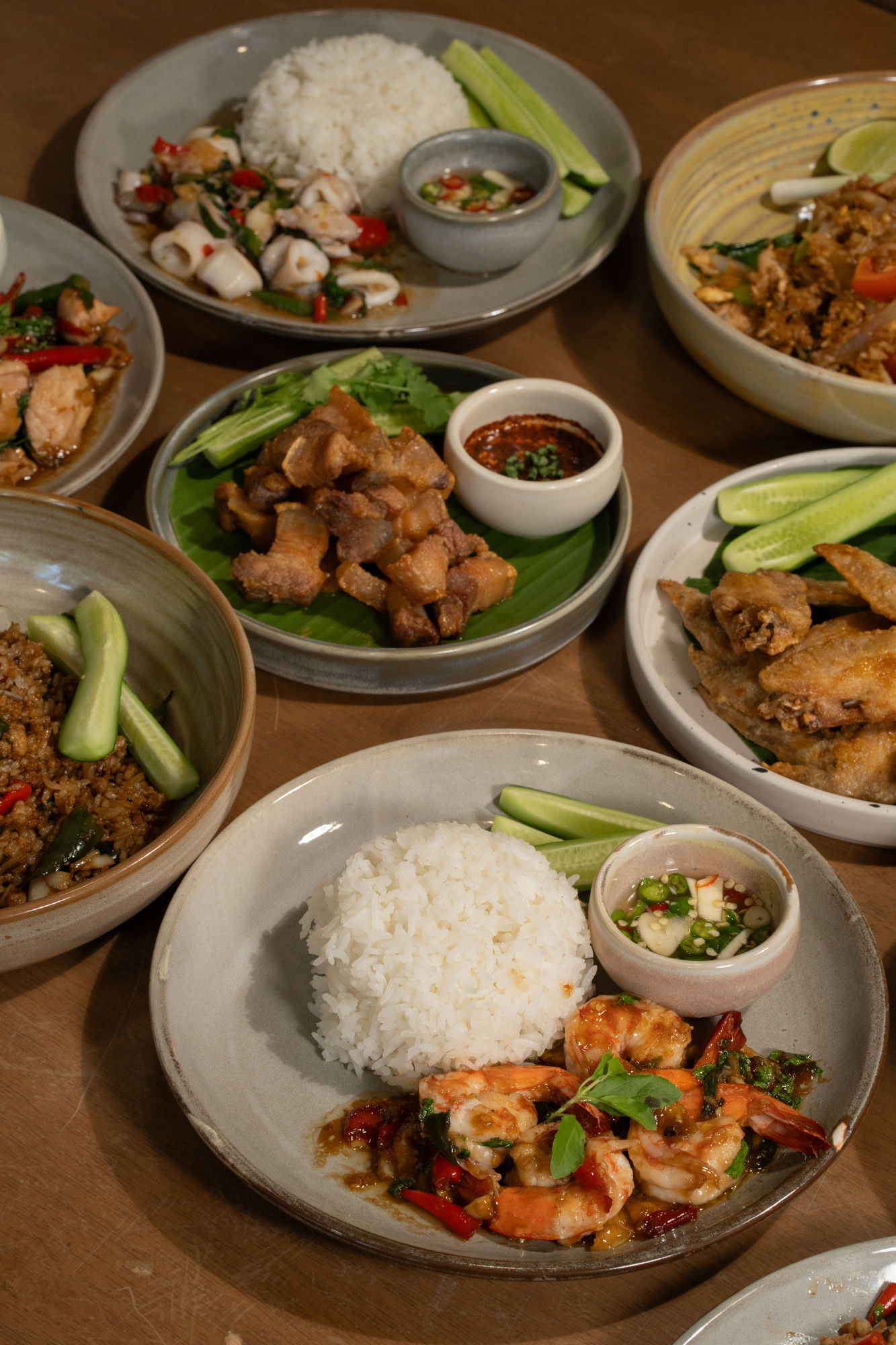 Crispy pork belly, fried chicken wings, basil shrimp rice